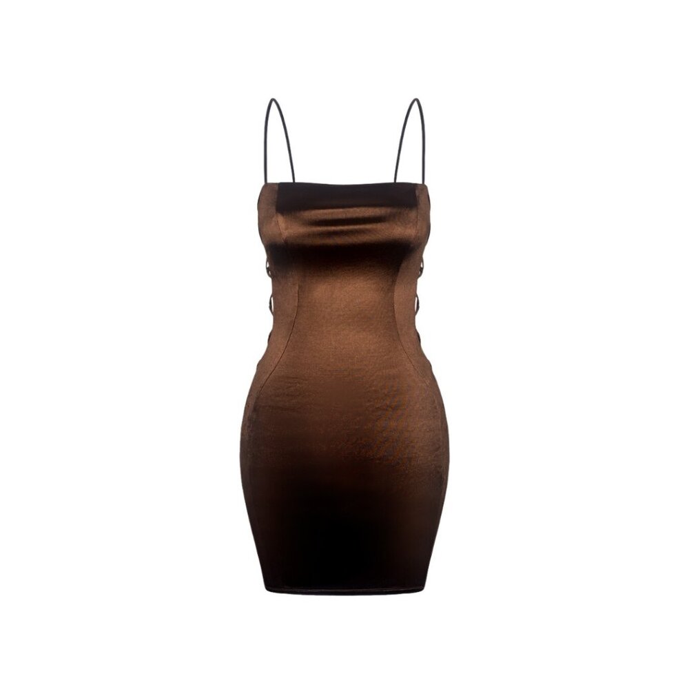 NWT Hey Babe Mocha Brown Satin Strappy Bodycon Mini Dress Square Neck Club